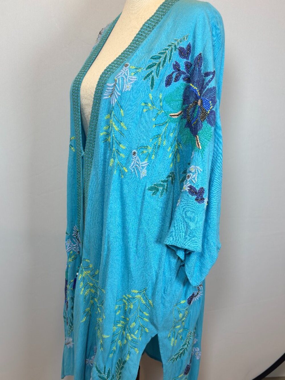 Chico’s Special Edition Embroidered Beaded Turquoise Ruana Duster Kimono S/M - Picture 5 of 16